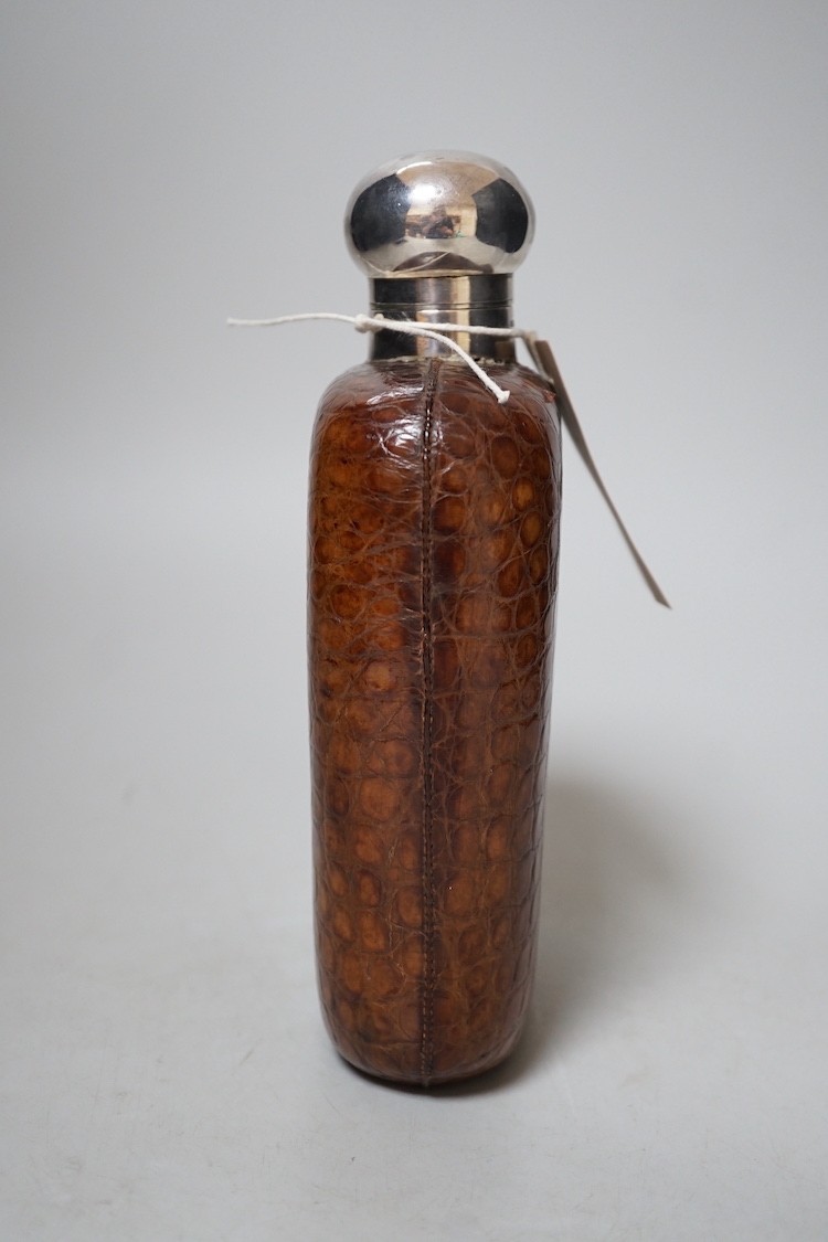 A large Dixon's crocodile skin covered hip flask, early 20th century, 20cms high